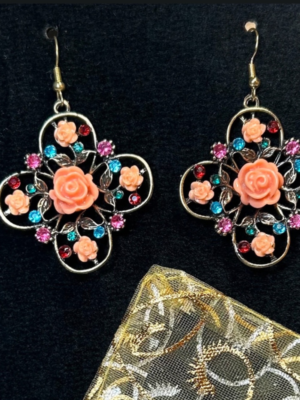 Vintage Style Peach Rose Earrings with multicolored Faux gems or Rhinestones